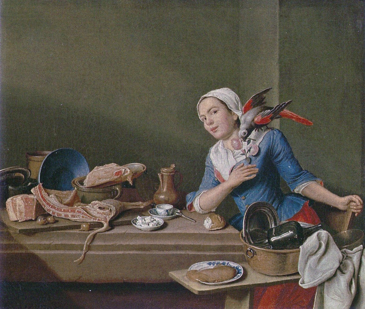Nature morte de cuisine avec personnage féminin et perroquet (Le sentiment)
Alternative title(s) :

Le sentiment - Peter Jacob Horemans