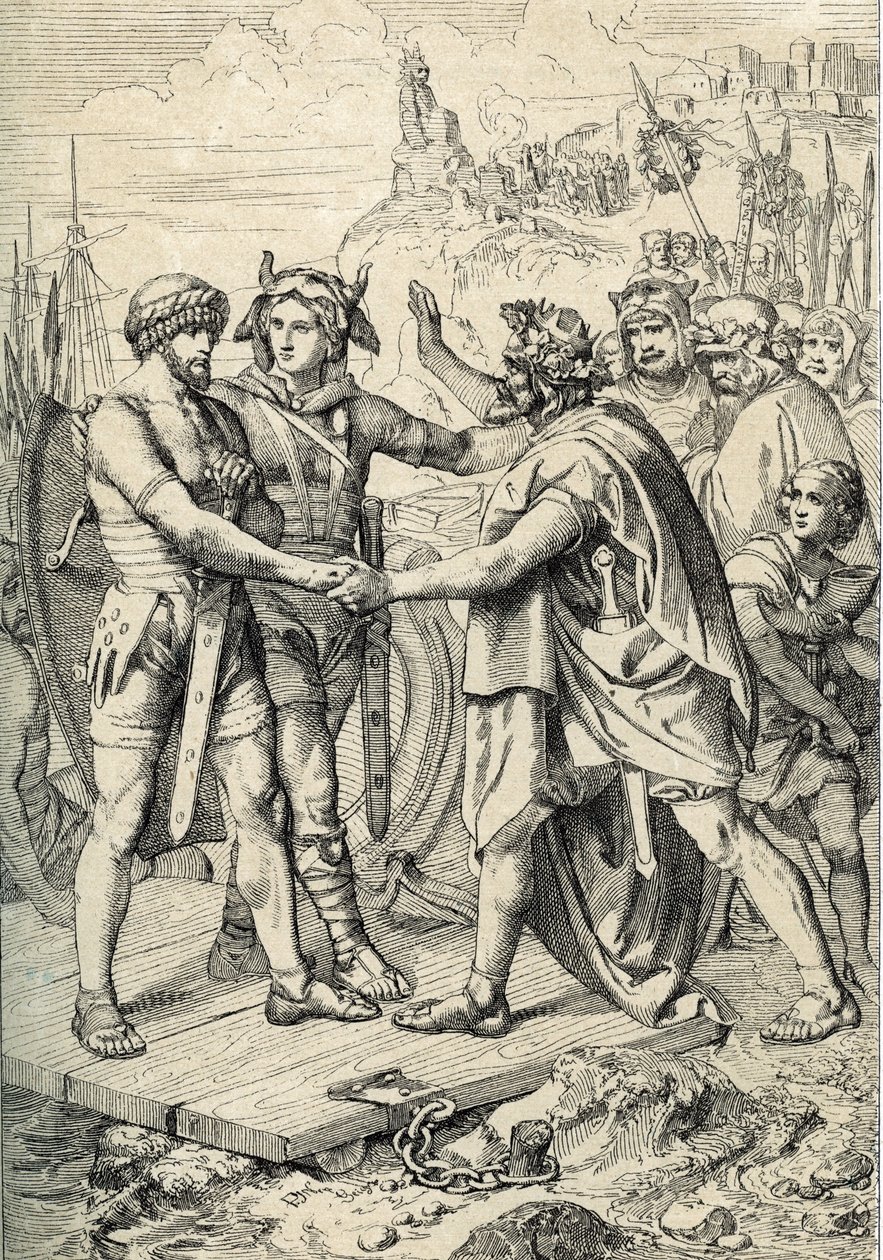 Débarquement de Hengest et Horsa, figures de la légende anglo-saxonne, qui raconte les deux frères germaniques ayant conduit les armées angles, saxonnes et jutes à la conquête des premiers territoires de la Grande-Bretagne au 5ème siècle - Peter Johann Nepomuck Geiger