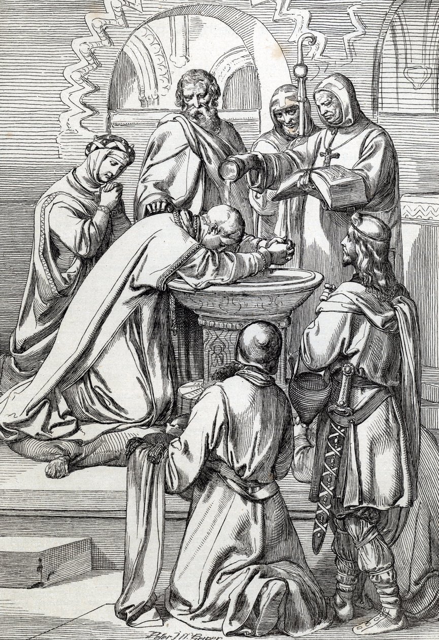 Représentation de Saint Augustin de Cantorbéry (mort en 604), envoyé en Angleterre par le pape Grégoire le Grand en 596 pour convertir les Anglo-Saxons - Il est ici devant Ethelbert, roi anglo-saxon du Kent (552? -616) qu