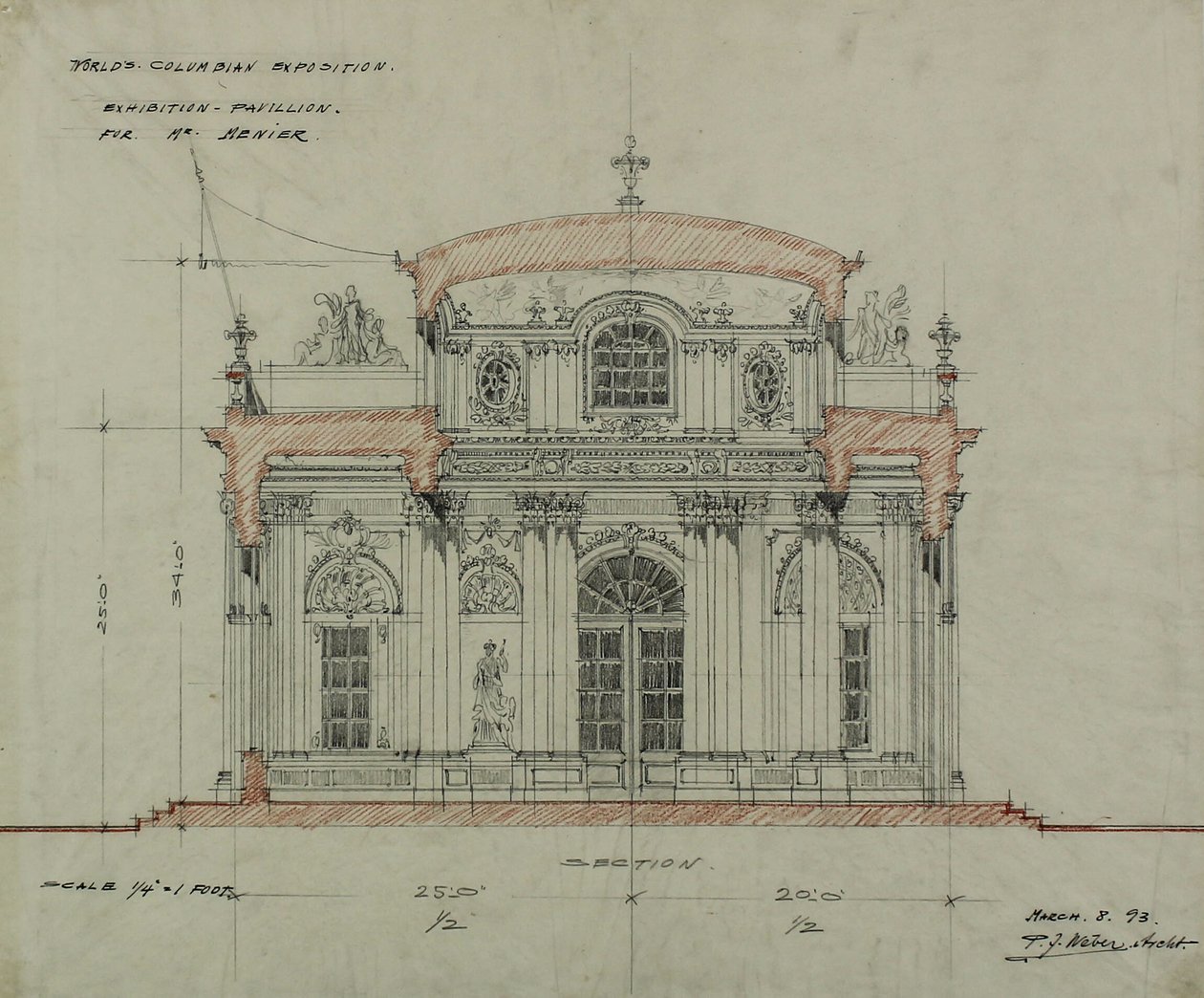 Pavillon du Chocolat-Menier, Exposition universelle de Colombie, Chicago, Illinois, croquis de coupe - Peter Joseph Weber