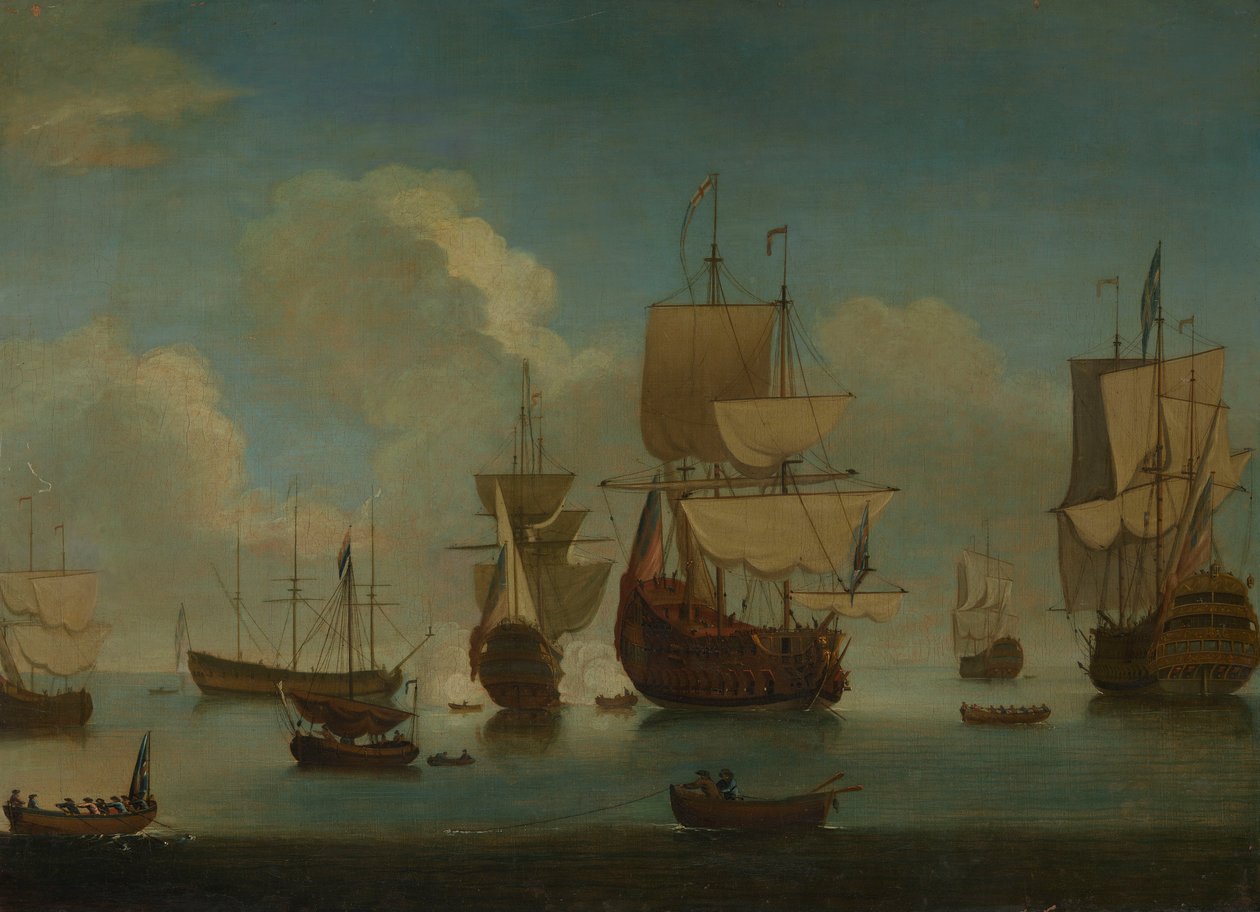 Navires de guerre anglais au mouillage, voiles séchant, début du XVIIIe siècle - Peter Monamy