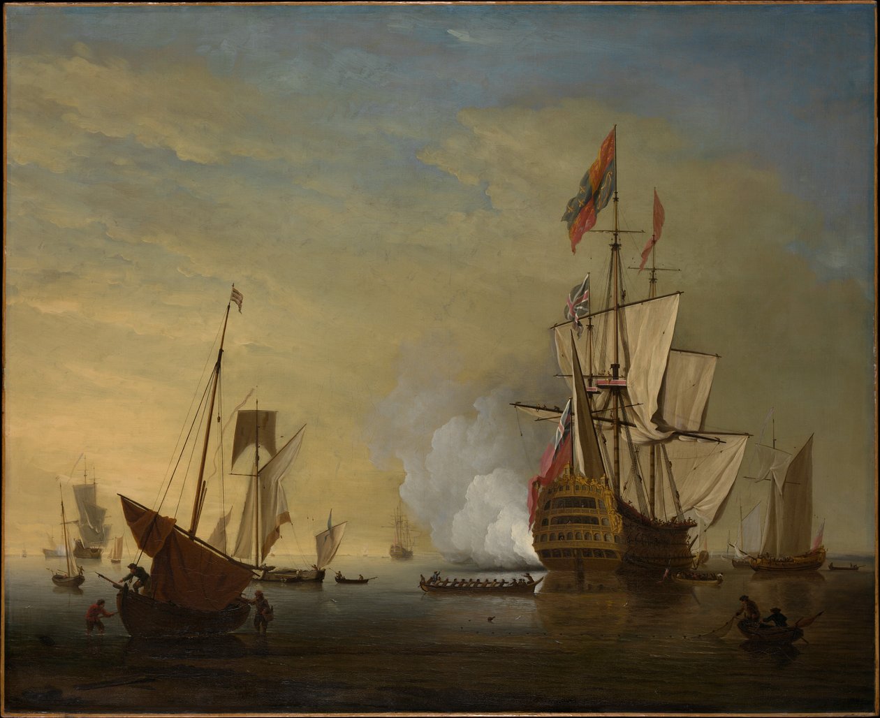 Scène portuaire : un navire anglais aux voiles déployées tire un coup de canon - Peter Monamy