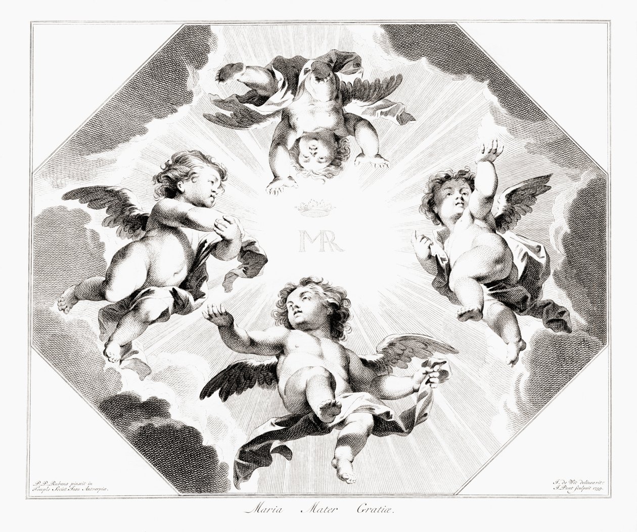 Quatre anges enfants célébrant la Vierge Marie - Peter Paul (after) Rubens