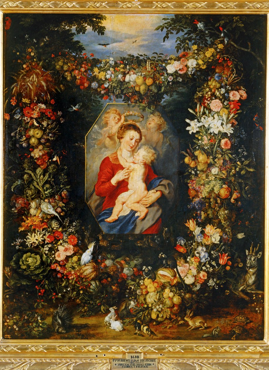 Marie, Vierge et Enfant avec couronne de fleurs et de fruits ... - Peter Paul & Brueghel Jan (1601 78) Rubens