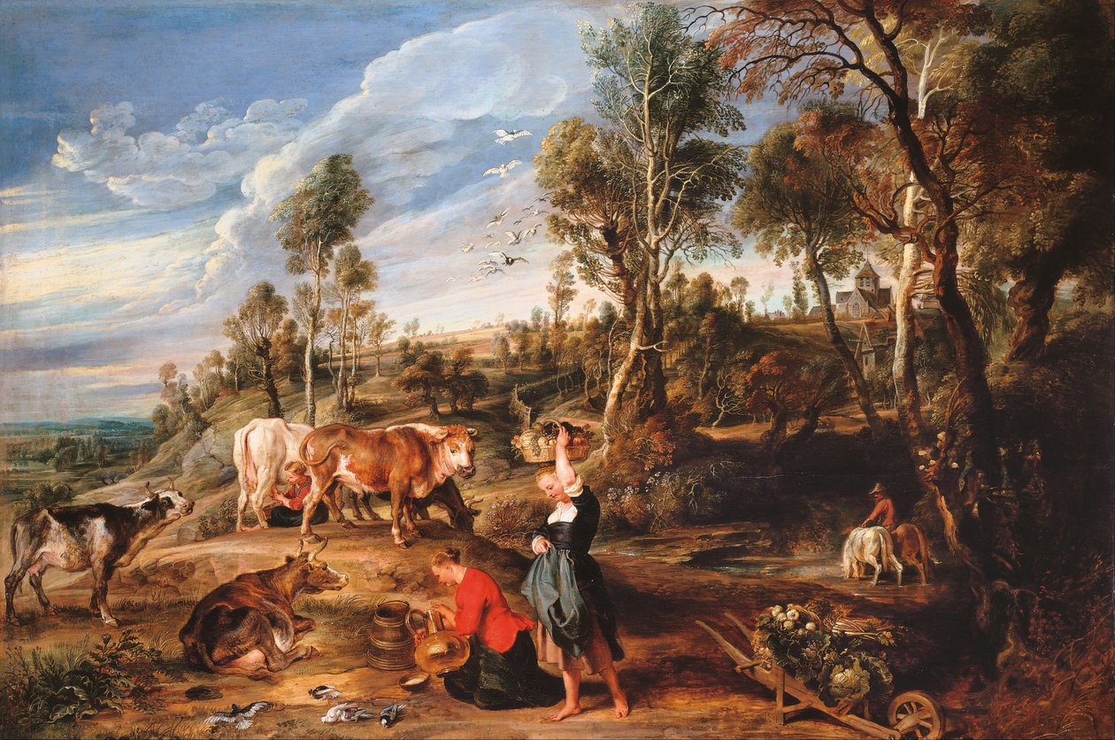 Laitières avec du bétail dans un paysage, « La ferme à Laken » - Peter Paul Rubens