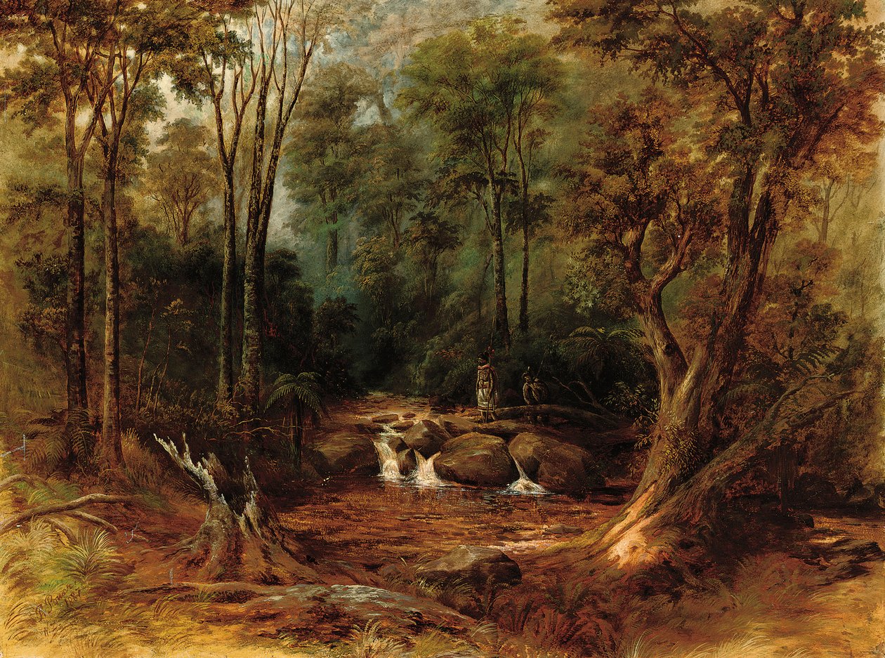Maoris traversant un ruisseau forestier, 1887 - Peter Power