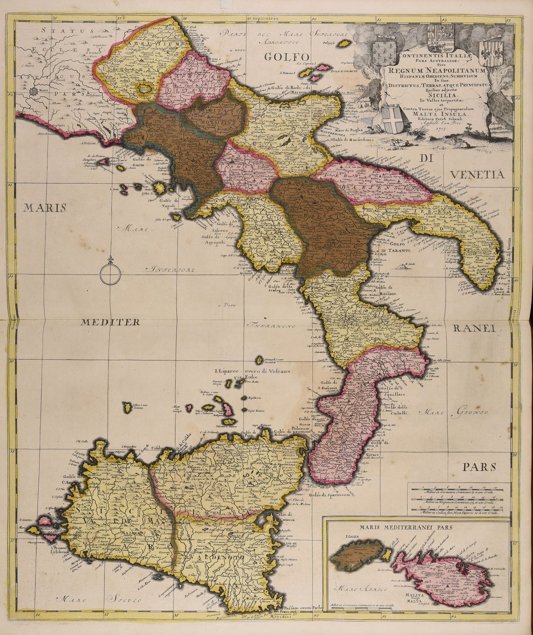 Continentis Italiae pars australior sive regnum Neapolitanum Hispaniae obediens subdivisum in suos districtus terras atque principatus quibus adjectae Sicilia in valles tripartita et contra Turcas ejus propugnaculum Malta insula - Peter Schenk the Elder