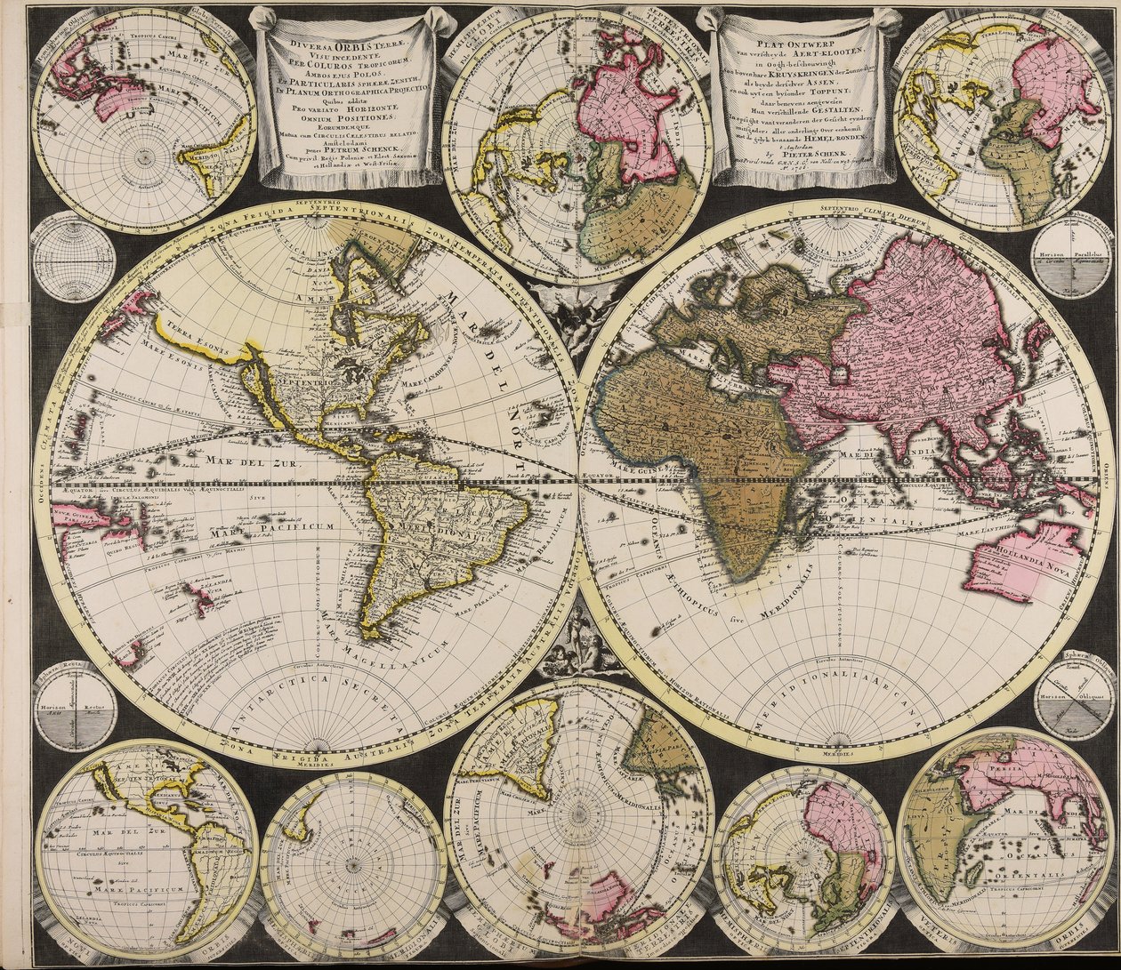 Diversa orbis Terrae visu incedente per coluros Tropicorum ambos ejus polos et particularis sphaerae zenith in planum orthographica projectio quibus additae pro variato horizonte omnium positionses eorumdemque mutua cum circulis caelestibus relatio  Plat O - Peter Schenk the Elder
