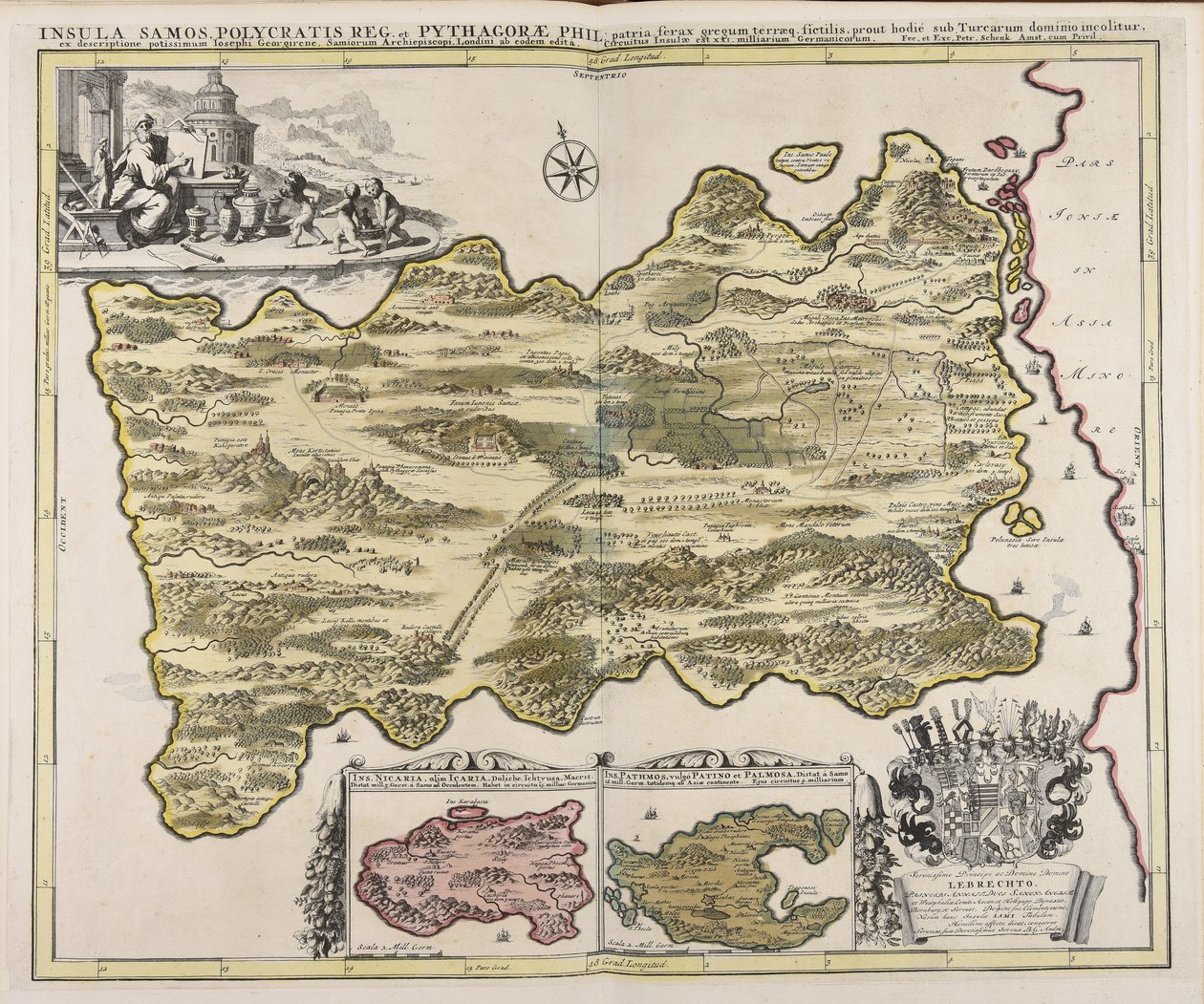 Insula Samos Polycratis reg. et Pythagorae phil. patria ferax gregum terraeq. fictilis, prout hodié sub Turcarum dominio incolitur, ex descriptione potissimum Iosephi Georgirene, Samiorum archiepiscopi, Londini ab eodem editá ... / fec. et exc. Petr. Schen - Peter Schenk the Elder