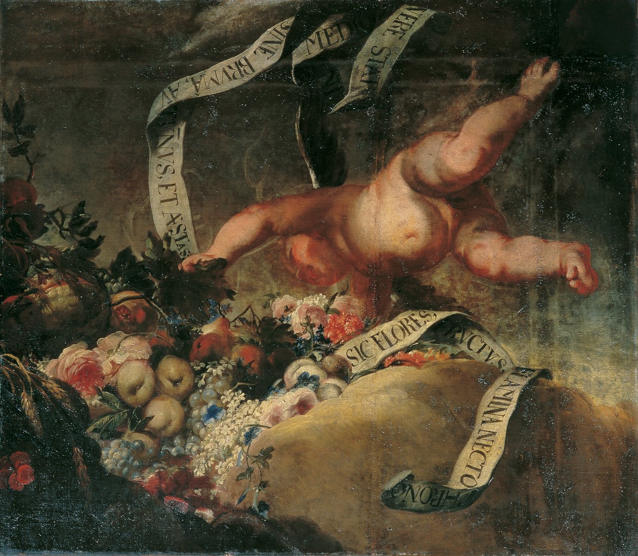 Putto avec fleurs, fruits et banderole - Peter Strudel