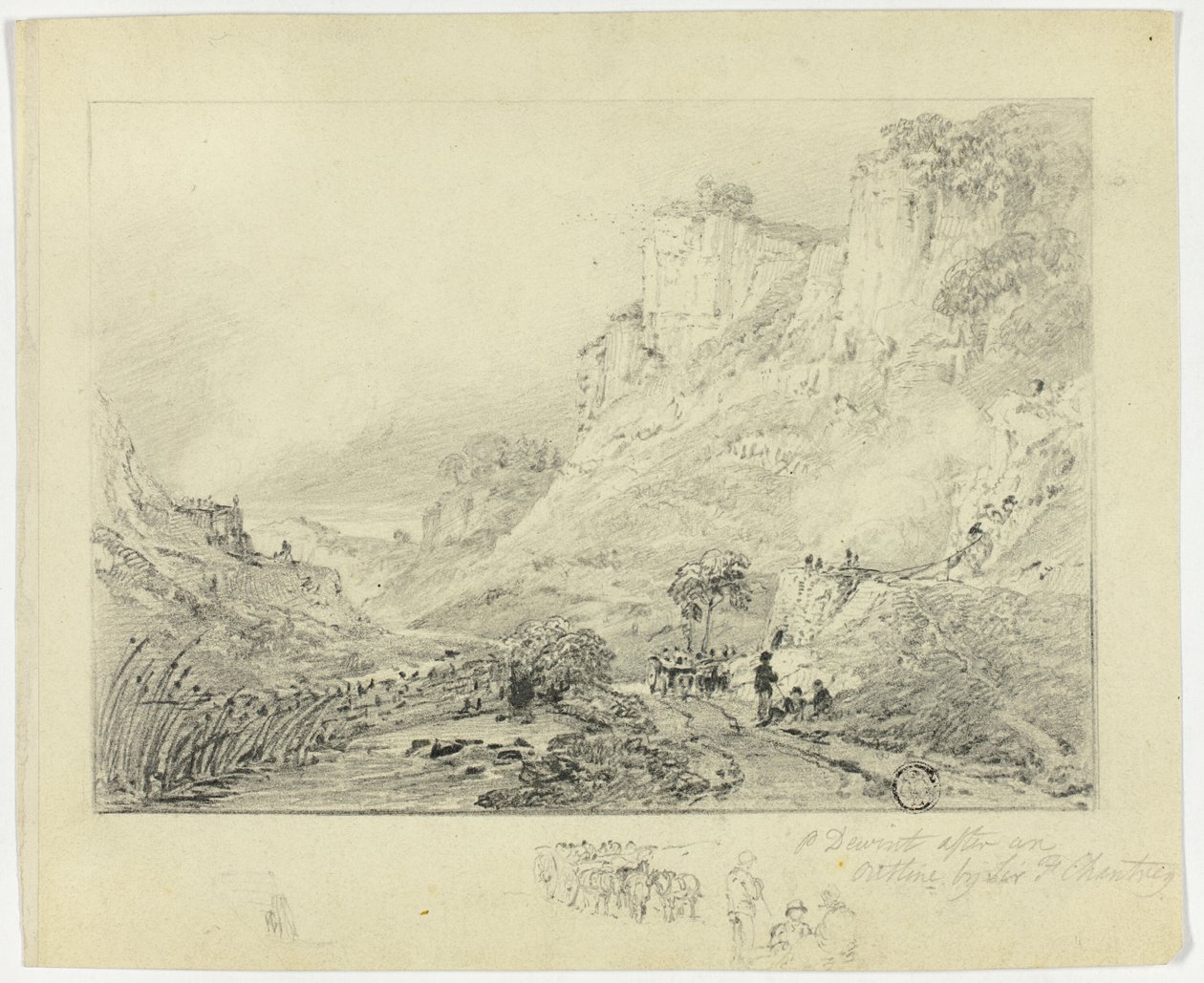 Figures et charrette à cheval dans un paysage avec falaises - Peter de Wint