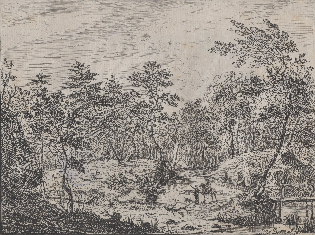 Paysage forestier avec un cavalier conversant avec un homme au centre, un pont à droite, 1716 - Peter von Bemmel