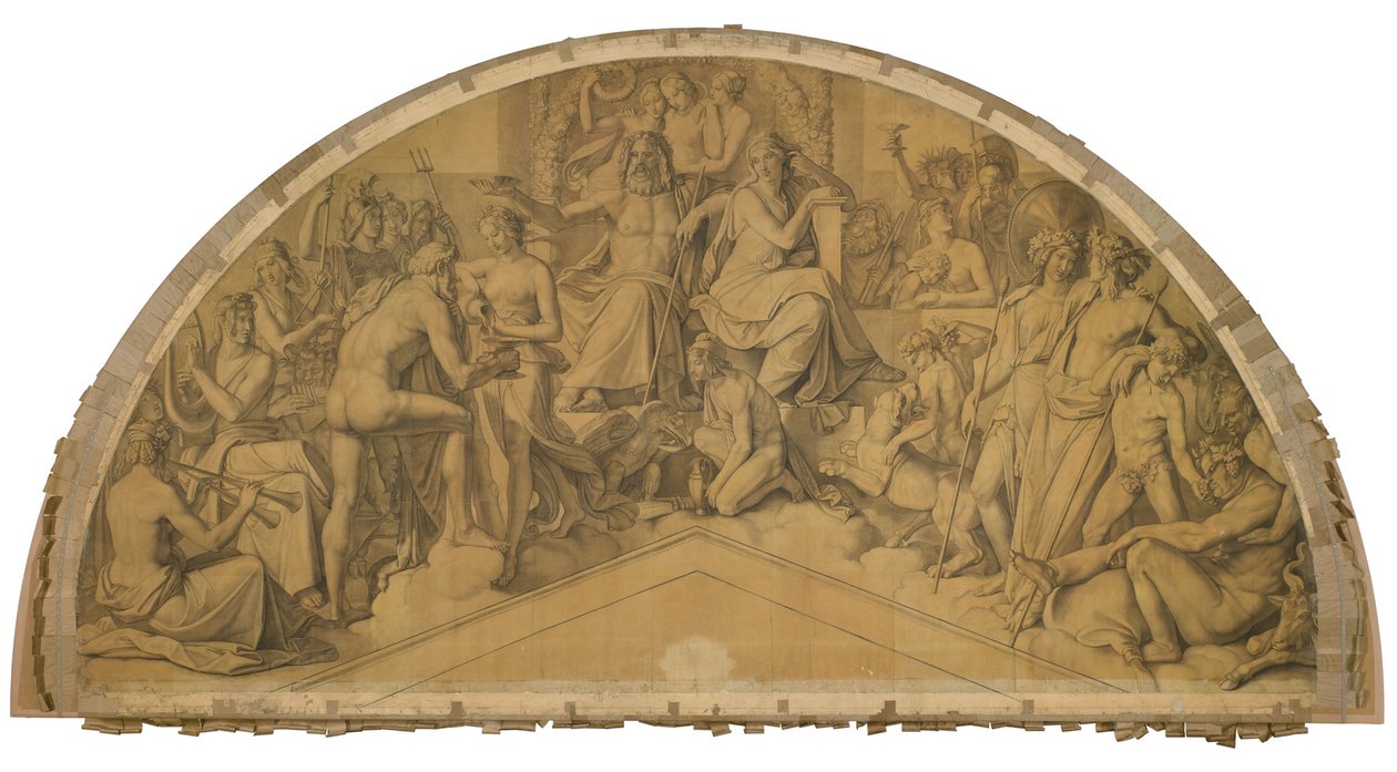 Die Aufnahme des Herakles in den Olymp, Bogenfeld. Karton zu den Deckenbildern der Münchner Glyptothek - Peter von Cornelius