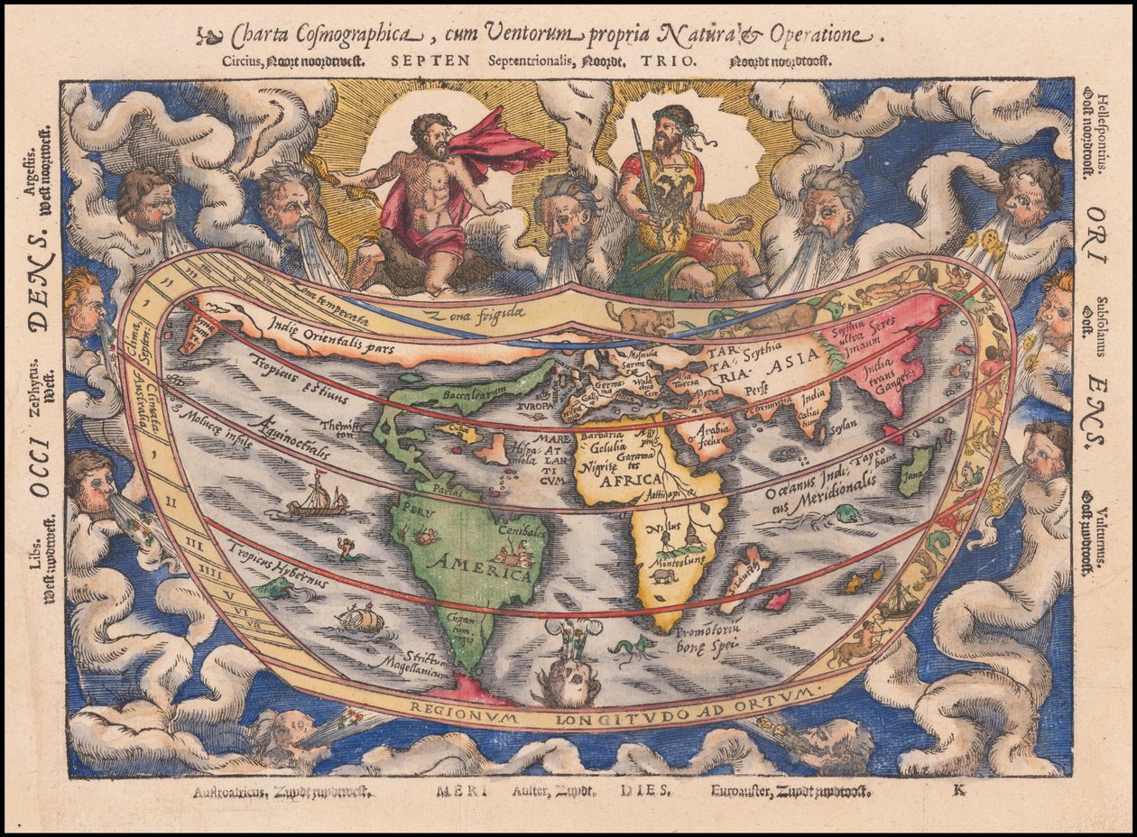 1544 carte - Charta Cosmographica, Cum Ventorum Propria Natura et Operatione - Petrus Apianus