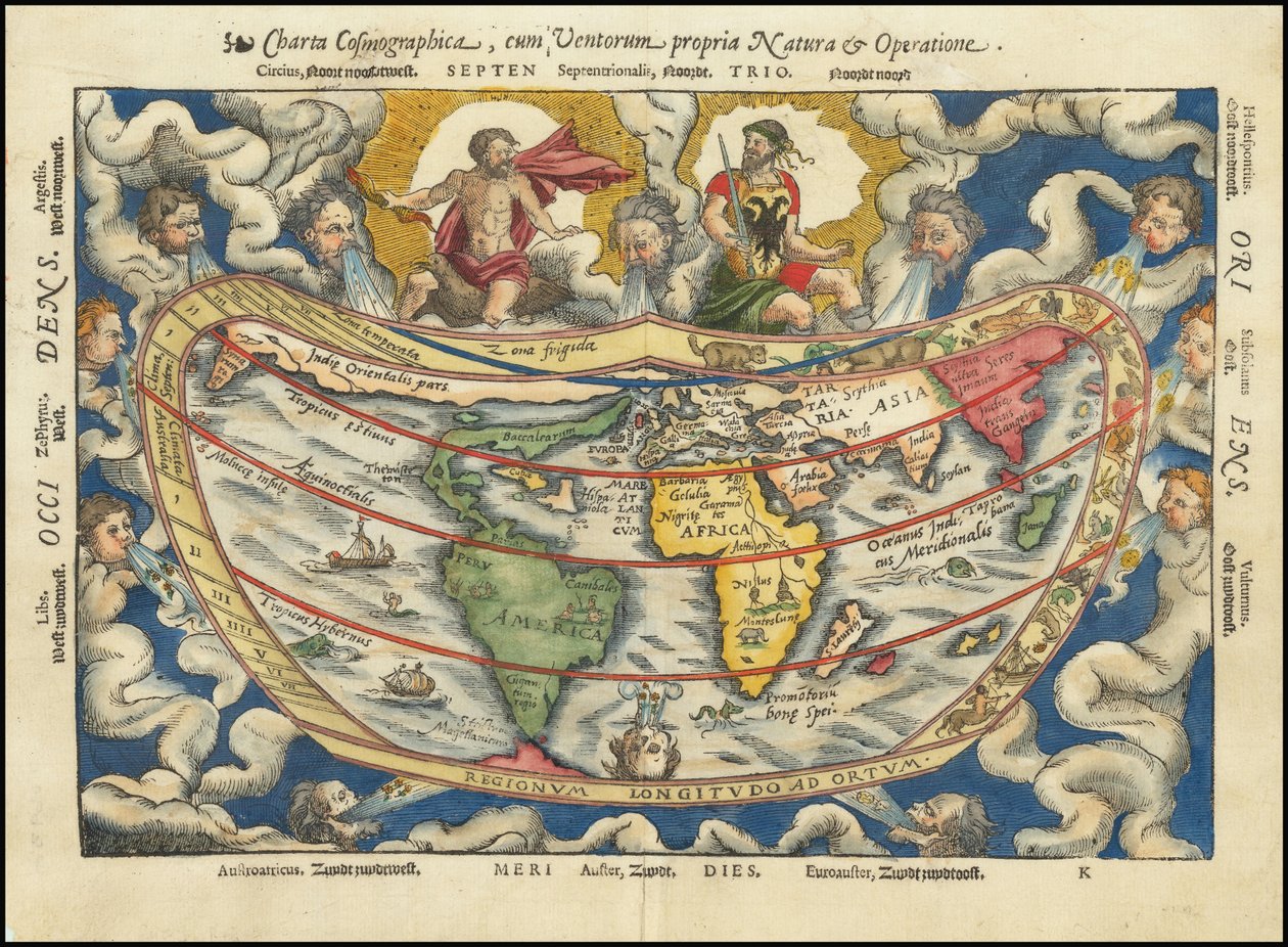 Carte de 1553 - Charta Cosmographica, Cum Ventorum Propria Natura et Operatione - Petrus Apianus