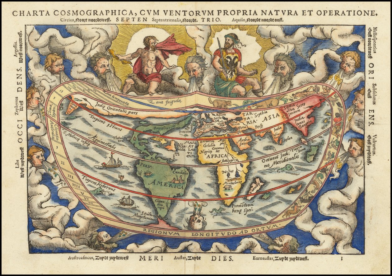 Carte du monde de 1553 - Charta Cosmographica, Cum Ventorum Propria Natura et Operatione - Petrus Apianus