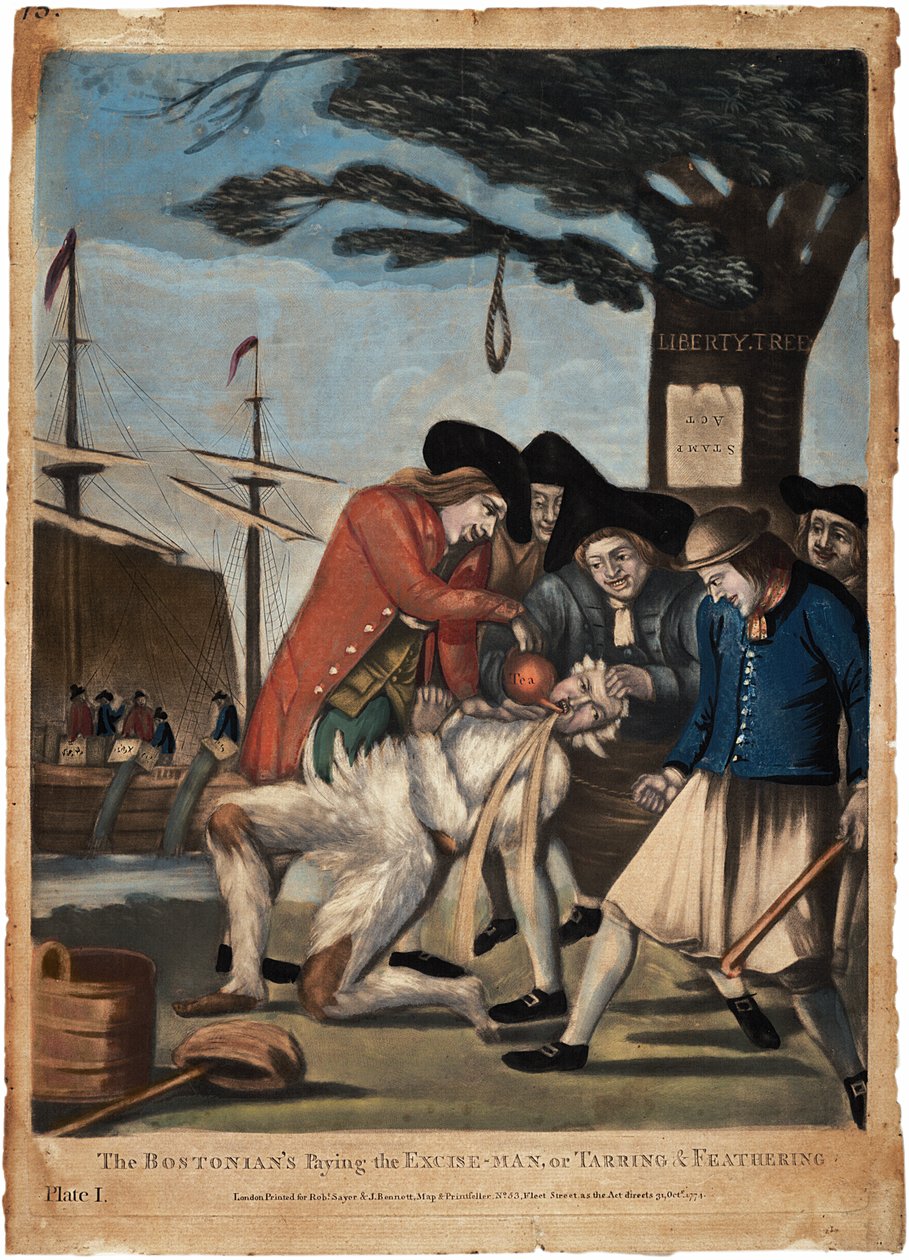 Les Bostonnais payant le percepteur, ou goudronnage et plumage, 1774 (gravure coloriée à la main) - Philip Dawe