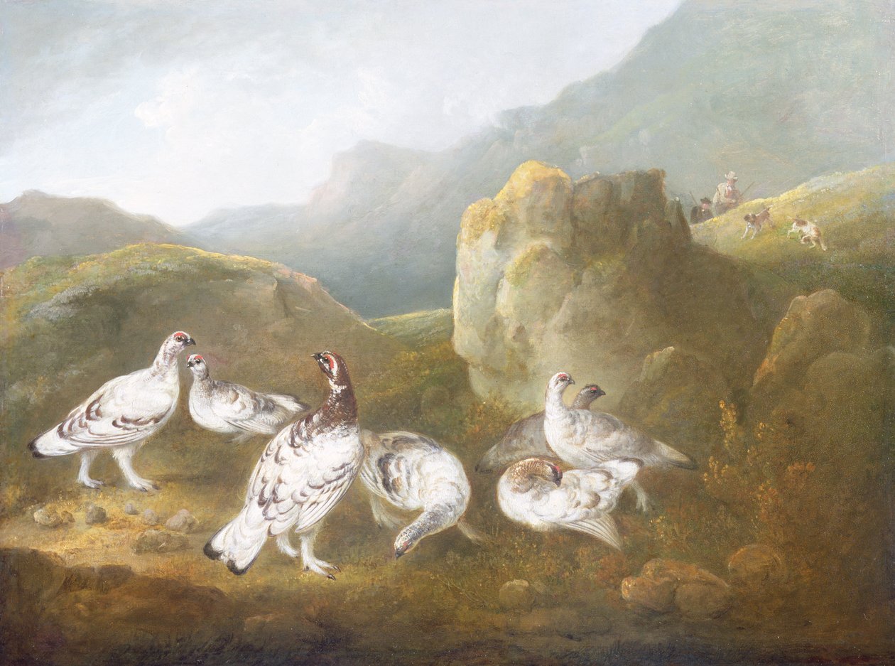 Lagopède dans un paysage montagneux avec des chasseurs et des chiens au loin - Philip Reinagle