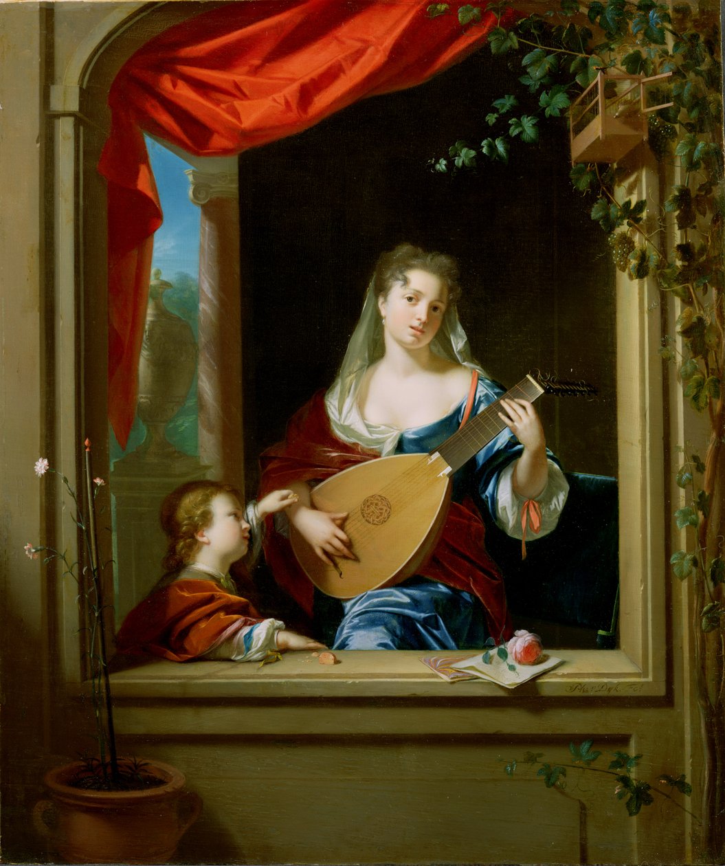 Dame élégante jouant du luth à une fenêtre - Philip van Dyck