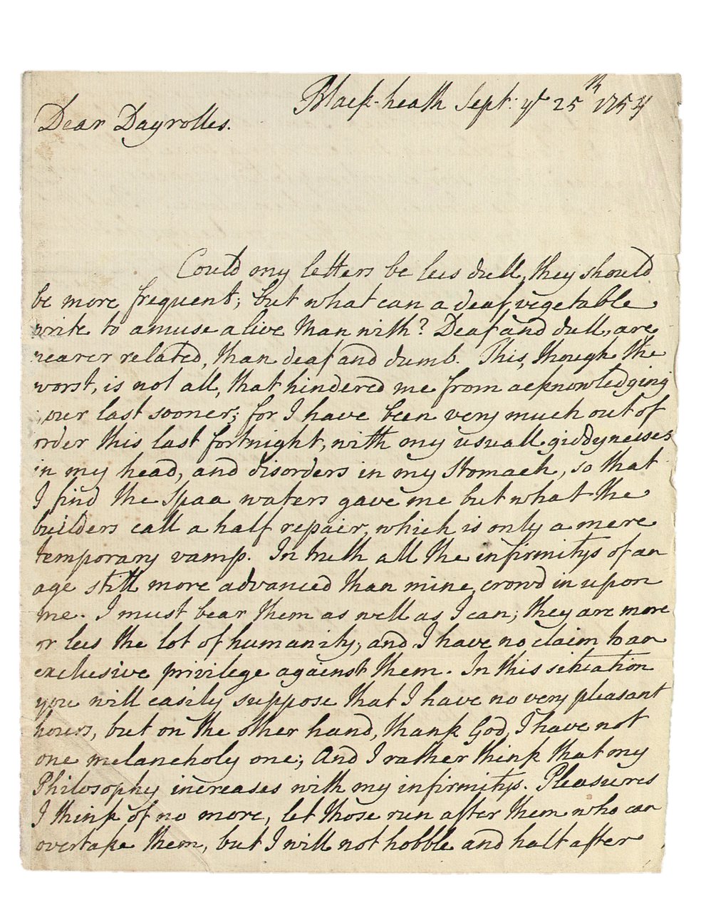 Lettre autographe à Solomon Dayrolles, Blackheath, 25 septembre 1754 (plume et encre sur papier) - Philip Dormer Stanhope Chesterfield