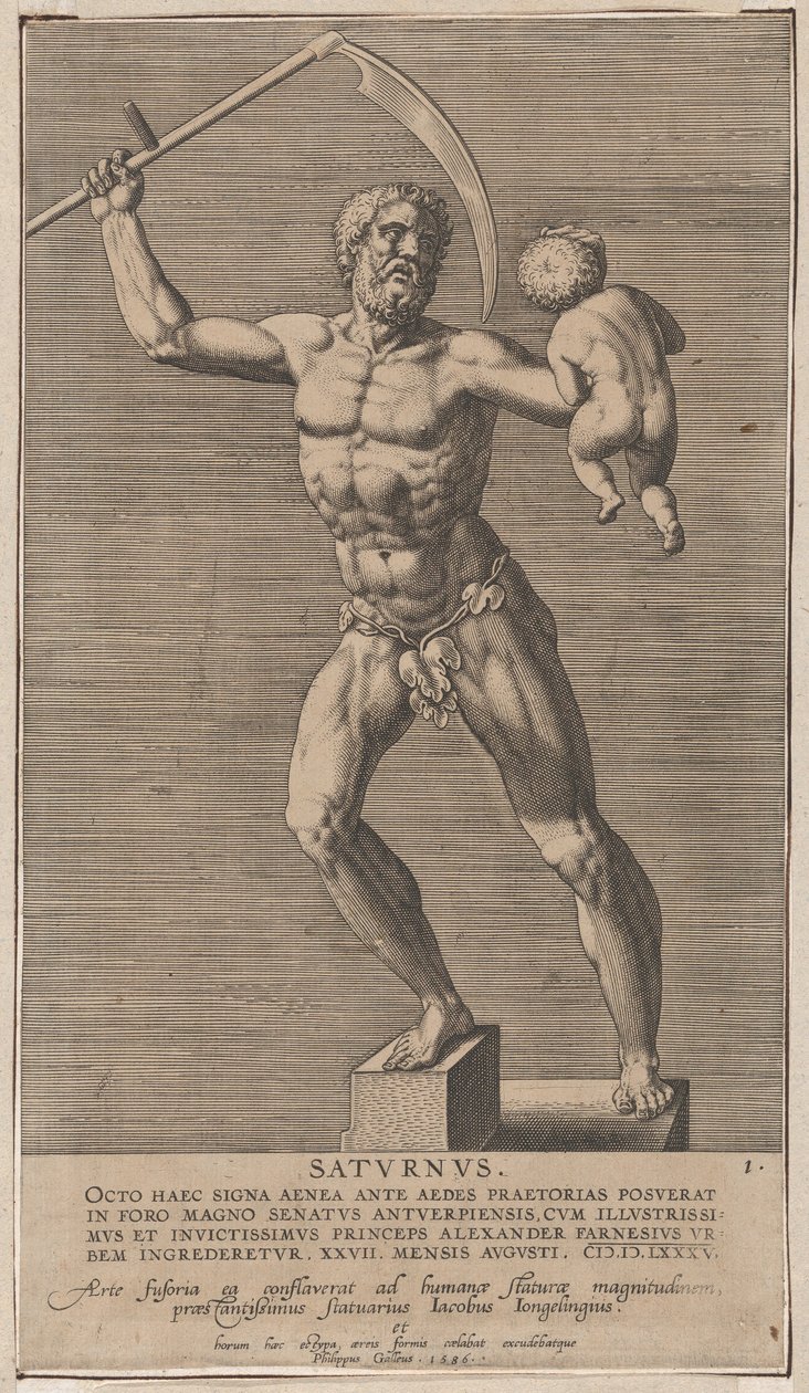 Planche 1 : Saturne, statue du dieu nu debout sur un socle, tenant une faux dans sa main droite, 1586 - Philip Galle