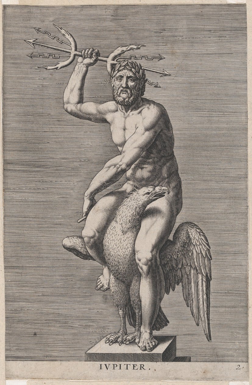 Planche 2 : Jupiter, statue du dieu nu assis sur un aigle, tenant un trident double, 1586 - Philip Galle