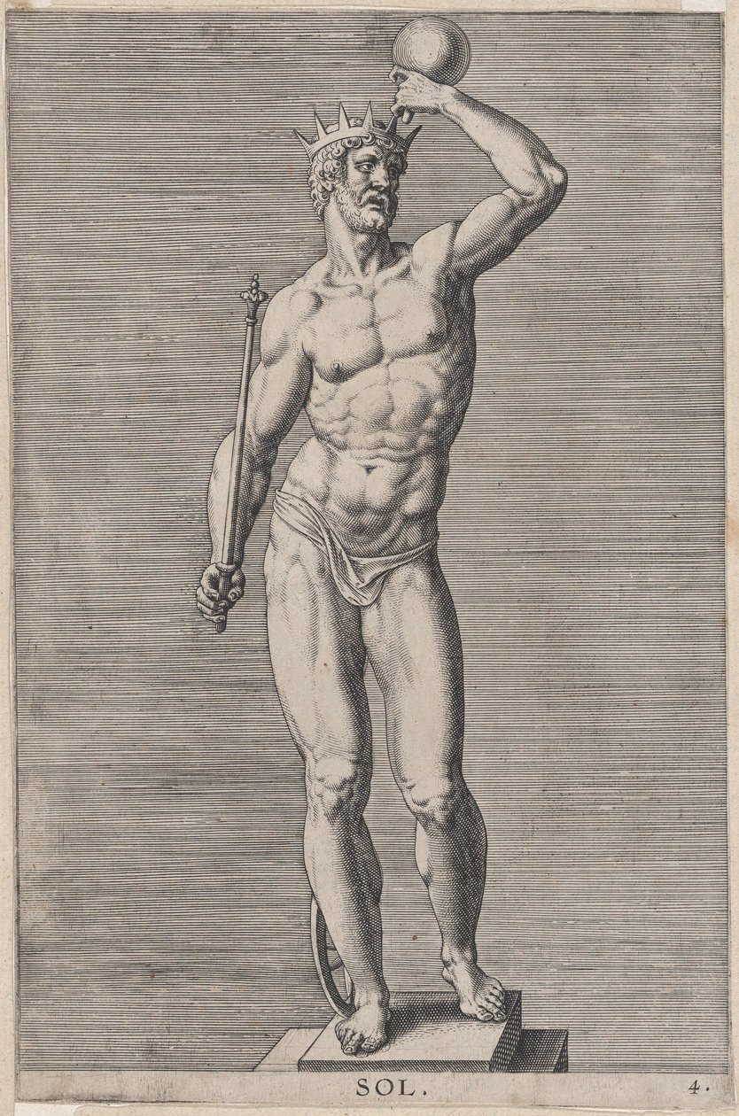 Apollon, statue du dieu nu debout sur un socle, portant une couronne et tenant un..., 1586 - Philip Galle