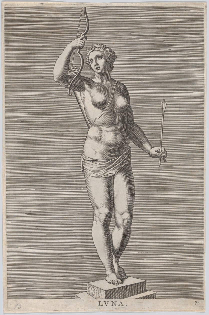 Diane, statue de la déesse nue debout sur un socle, portant un croissant de lune, 1586 - Philip Galle