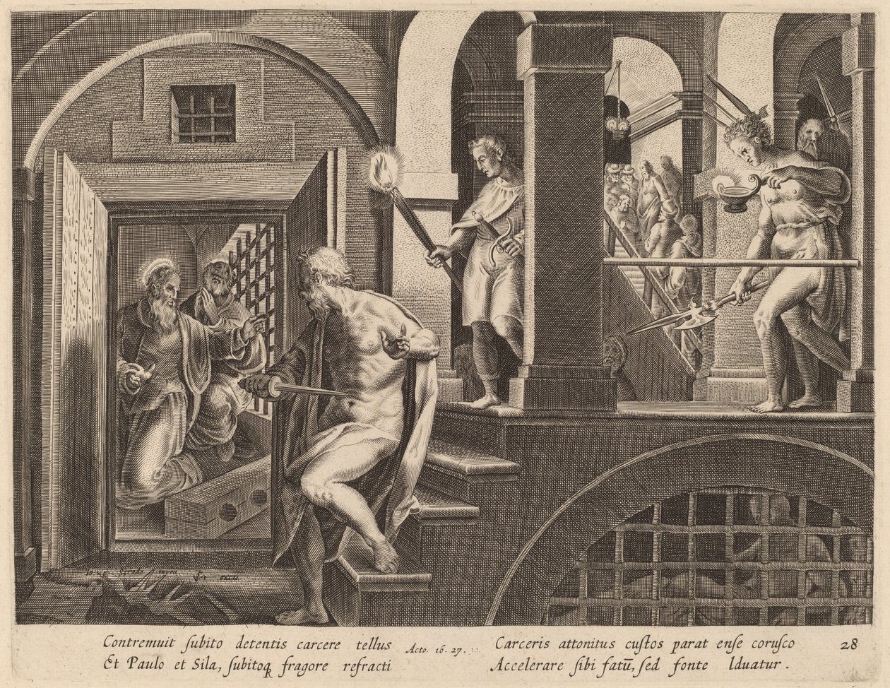 Le Geôlier sur le point de se tuer, Converti par Saint Paul - Philip Galle after Jan van der Straet