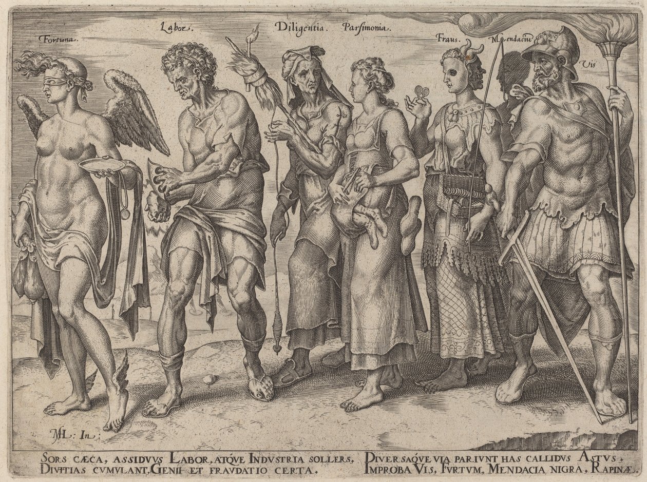 Fortuna, Labor, Diligantia, Parsimonia, Fraus (Façons honnêtes et malhonnêtes de devenir riche) - Philip Galle, after Maerten van Heemskerck