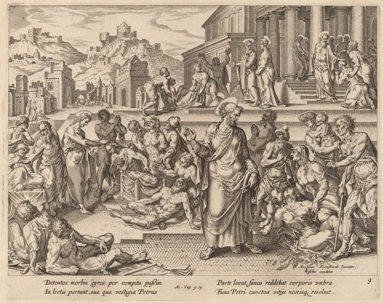 Saint Pierre guérissant les malades avec son ombre - Philip Galle after Maerten van Heemskerck