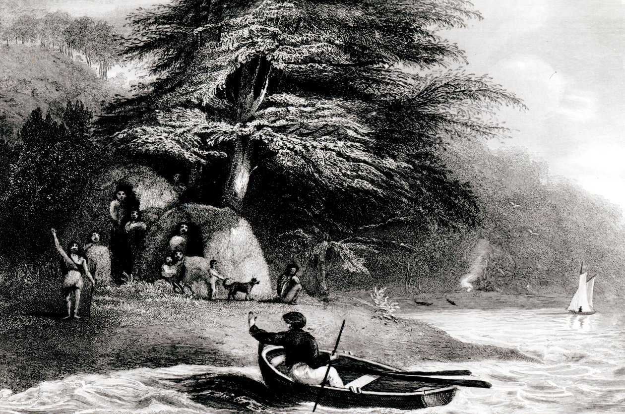 Cabane fuégienne à Hope Harbour dans le canal de Magellan, gravée par S. Bull, 1838 - Philip Parker King