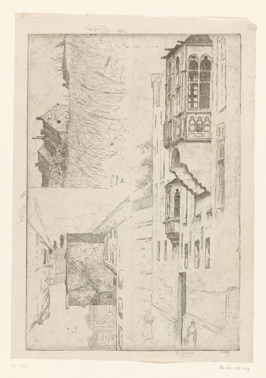 Champ de blé avec maisons et deux vues sur des maisons en ville - Philip Zilcken (signed by artist)