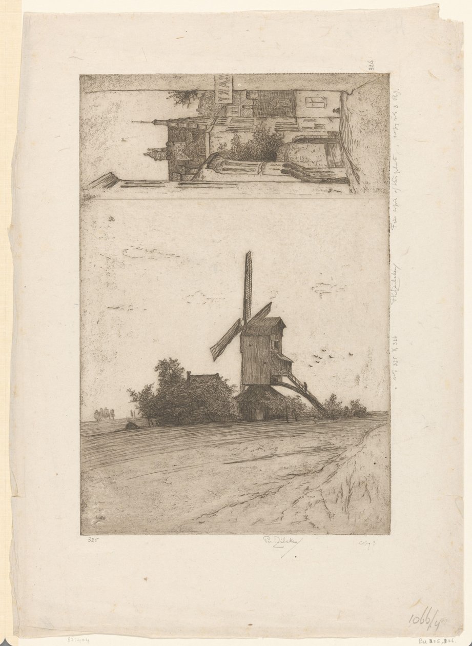 Moulin dans un paysage de prairie et vue sur la rue Ravenstein à Bruxelles - Philip Zilcken (signed by artist)