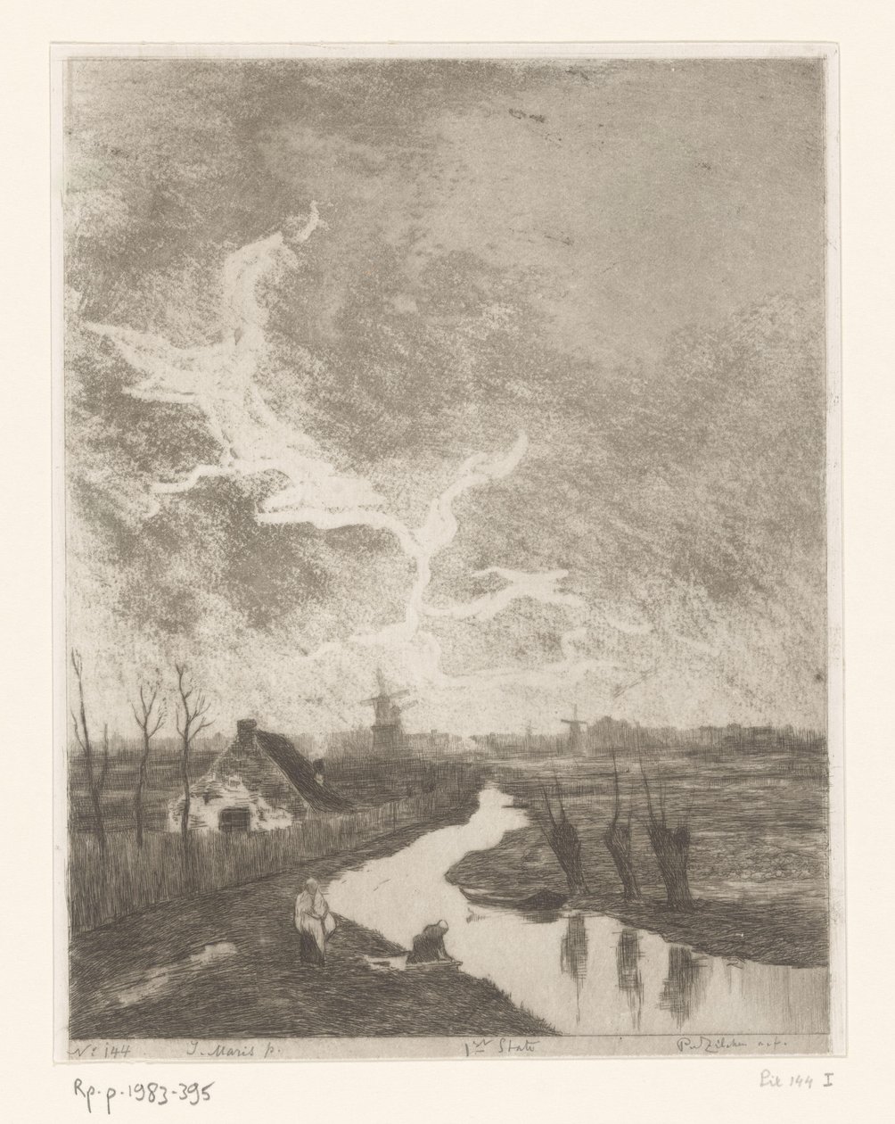 Paysage de prairie avec fossé, ferme et moulins (Environs de La Haye) - Philip Zilcken (signed by artist)