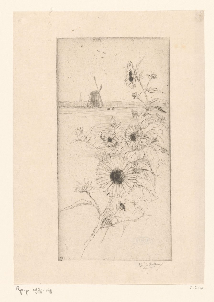 Tournesols devant un paysage de prairie avec chevaux et moulin - Philip Zilcken (signed by artist)