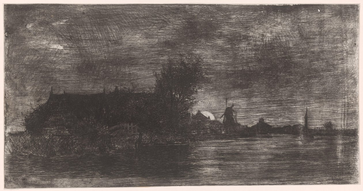 Paysage avec maisons et moulin au bord de l
