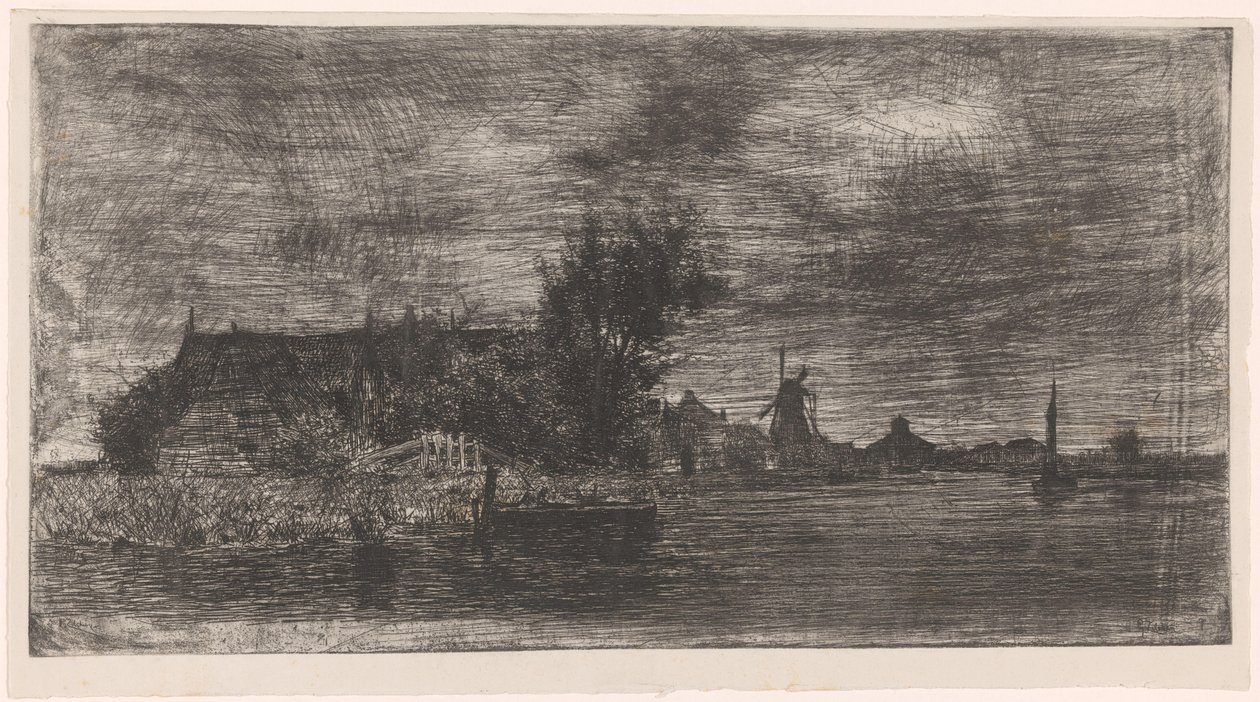Paysage avec maisons et moulin au bord de l