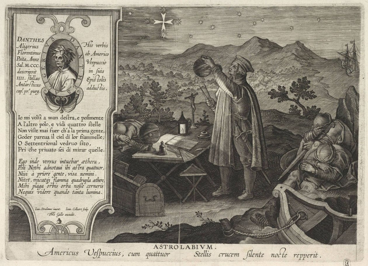 Amerigo Vespucci trouvant la constellation de la Croix du Sud avec un astrolabe Americae Retectio, 1591 - Philipp Galle