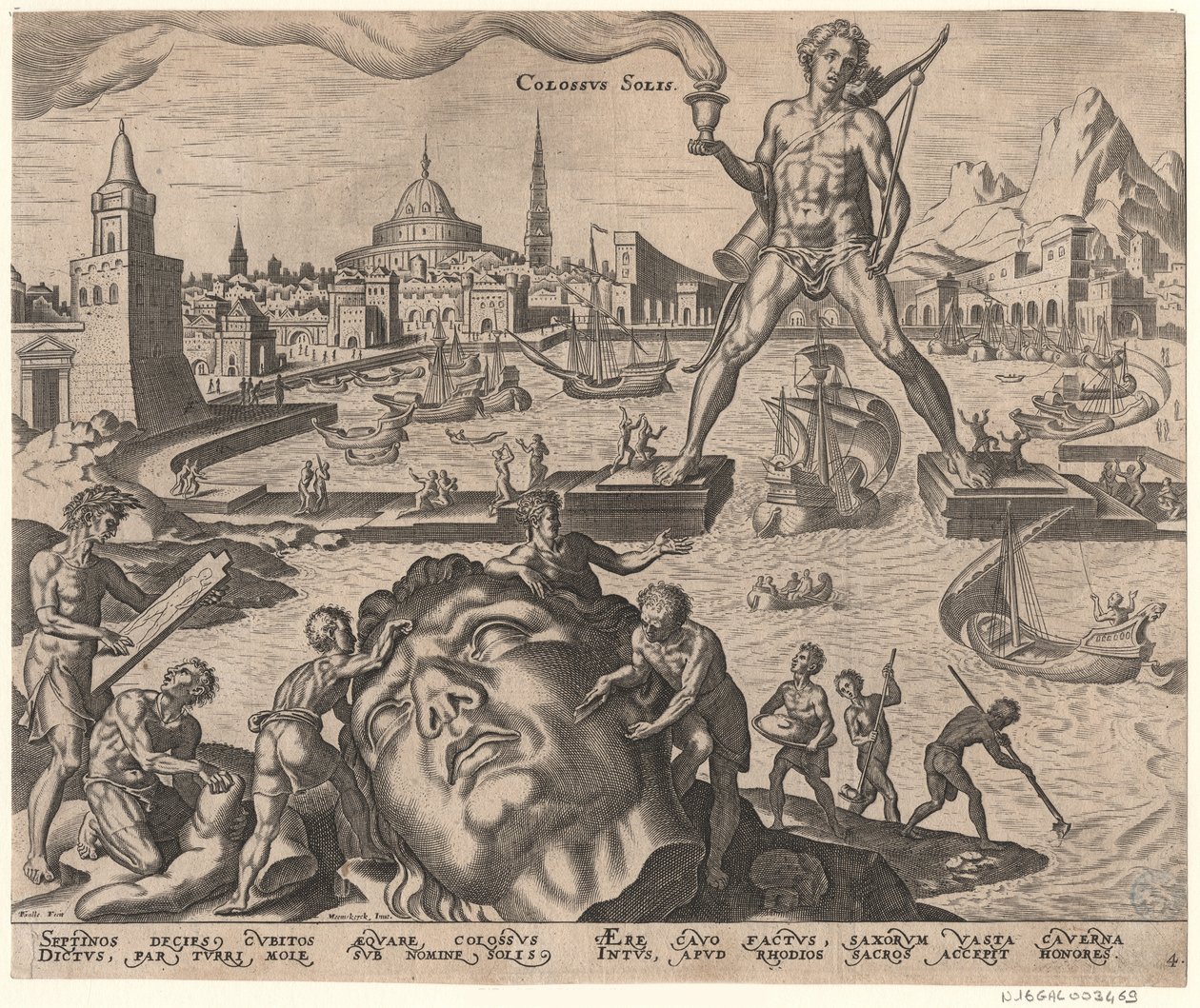 Le Colosse de Rhodes de la série Les huit merveilles du monde après Maarten van Heemskerck, 1572 - Philipp Galle