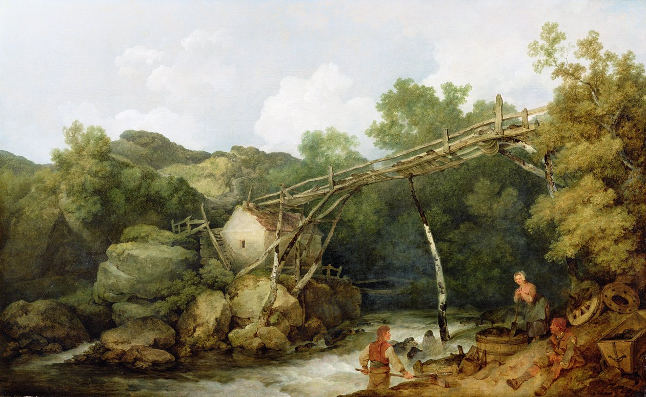 Vue près de Matlock, Derbyshire avec des figures travaillant sous un convoyeur en bois, 1785 - Philippe Jacques de Loutherbourg