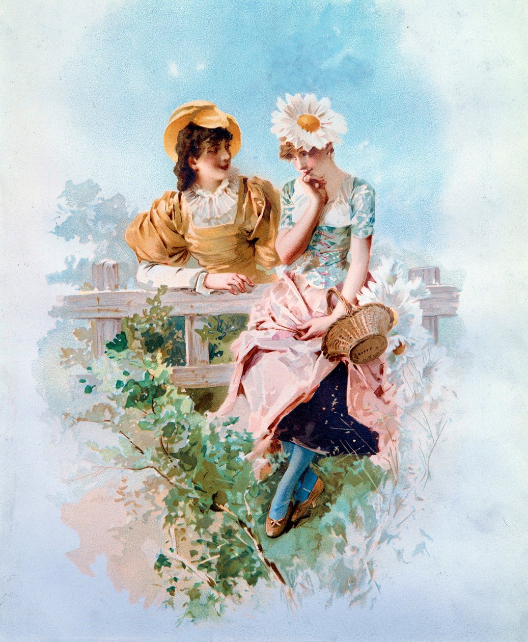 Confidence Deux jeunes filles chuchotant des secrets. Lithographie de Philippe Jacques Linder (1835-?) 19ème siècle Collection privée - Philippe Jacques Linder
