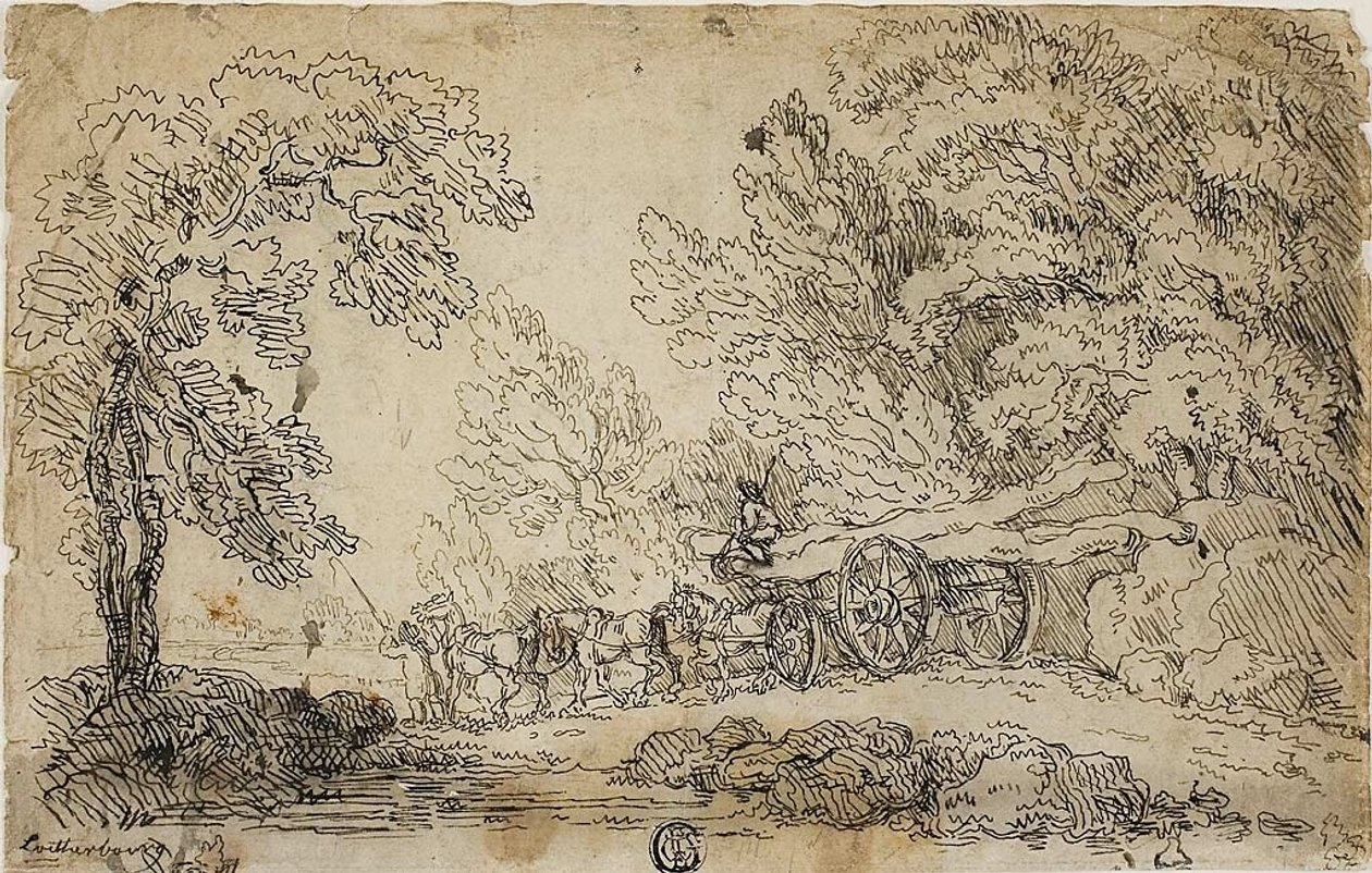 Transport de grumes dans une forêt (recto) ; croquis de personnes dans diverses activités (verso) - Philippe Jacques de Loutherbourg II