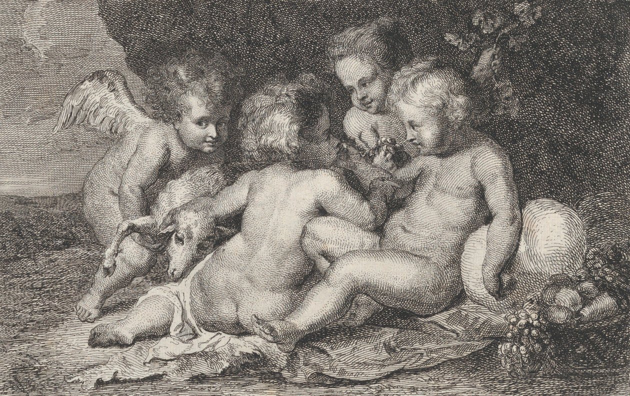 Un groupe de trois enfants et un putto avec des fruits et un agneau - Philippe Lambert Joseph Spruyt