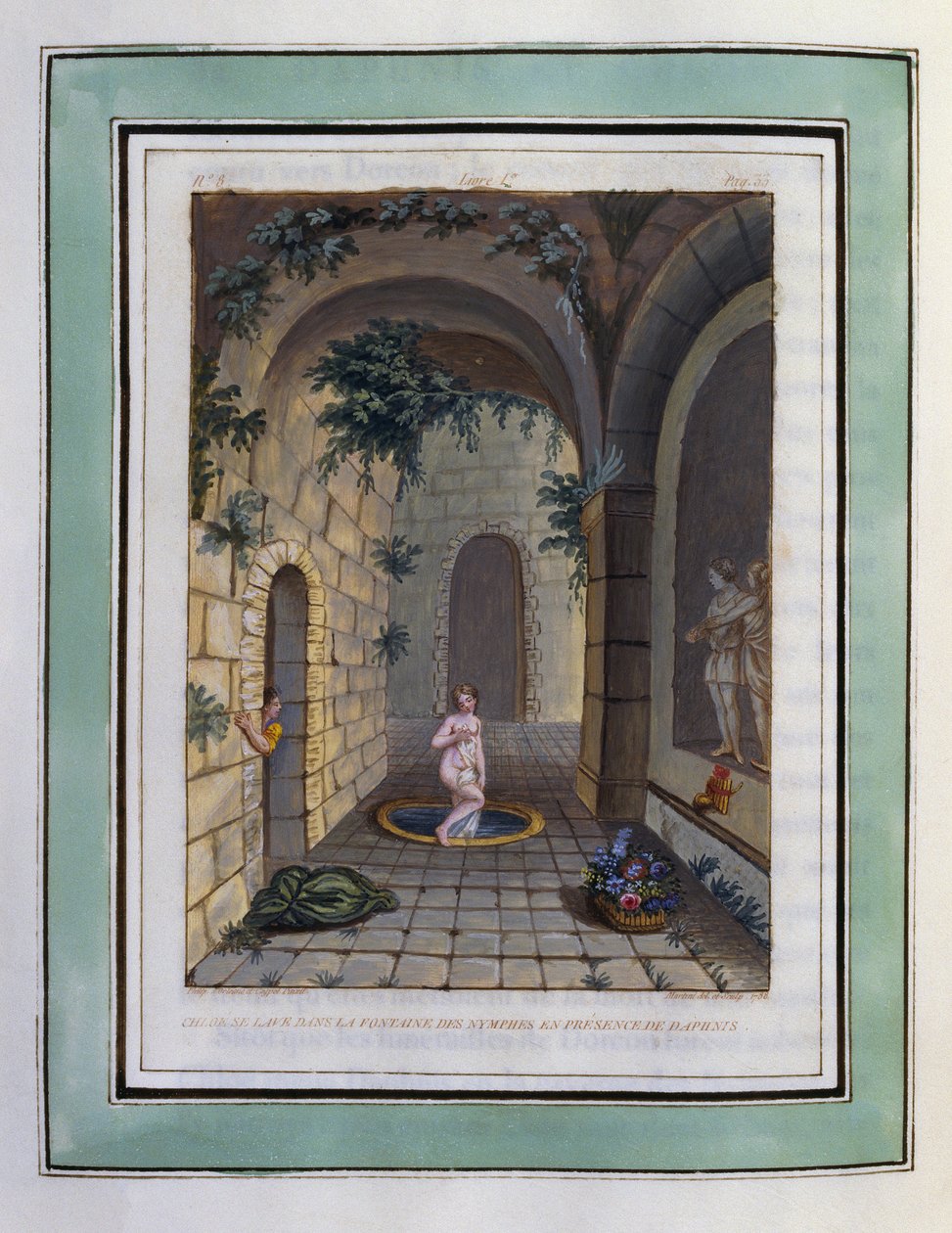 Chloé se lave dans la fontaine des nymphes en présence de Daphnis. Dessin de Philippe d
