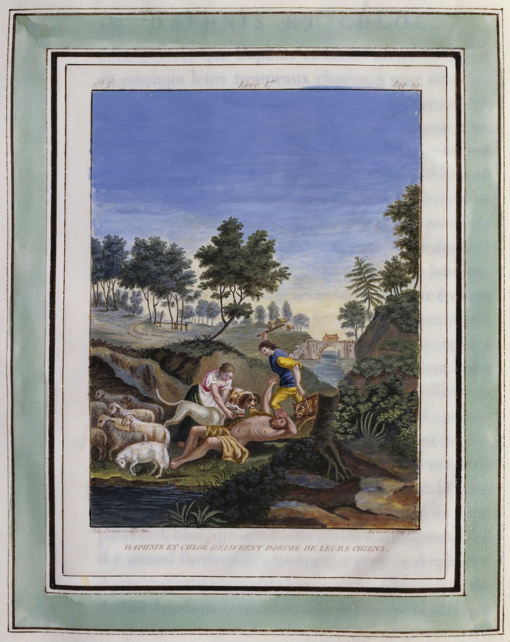 Daphnis et Chloe délivrent Dorcon de leurs chiens (Illustration de Les Amours pastorales de Daphnis et Chloe) - Philippe d