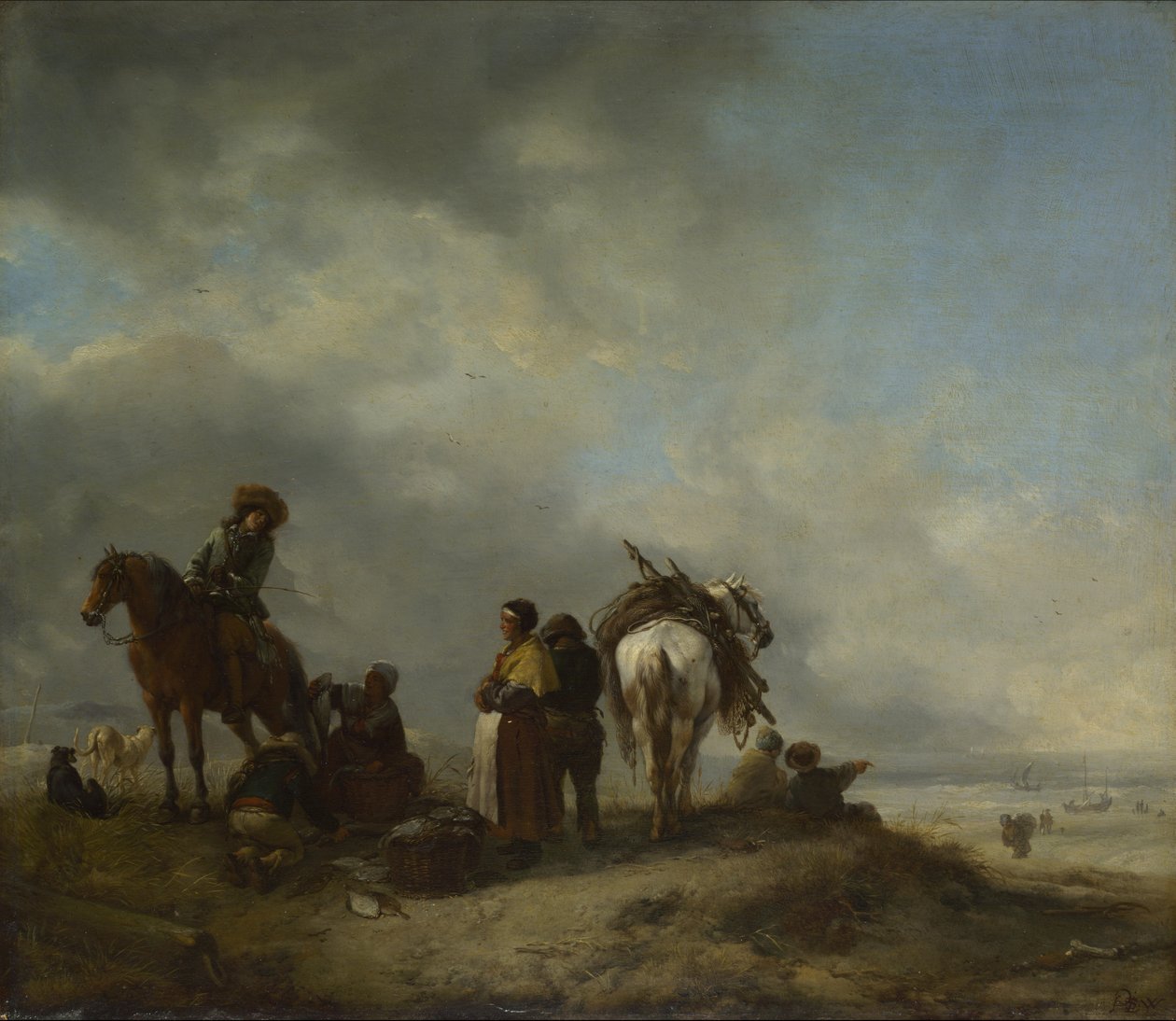 Vue sur un rivage avec des poissonnières offrant du poisson à un cavalier - Philips Wouwerman