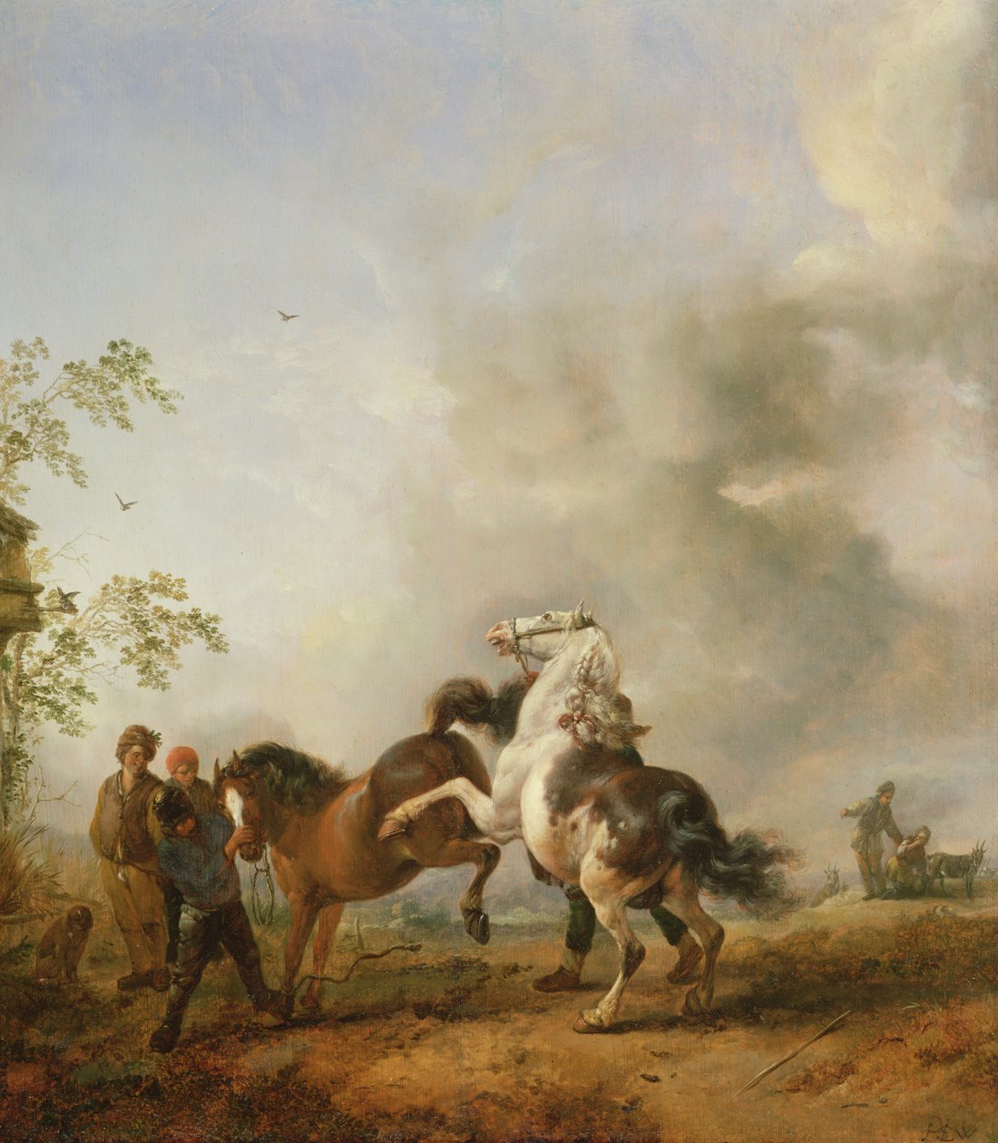 Une jument et un étalon devant une maison - Philips Wouwerman