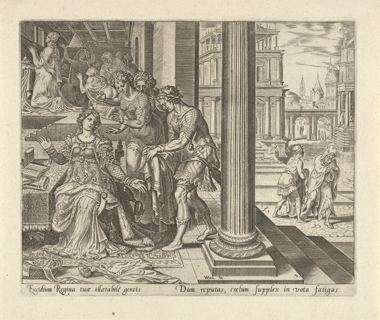 Esther apprend de ses servantes que Mardochée porte des vêtements de deuil - Philips Galle