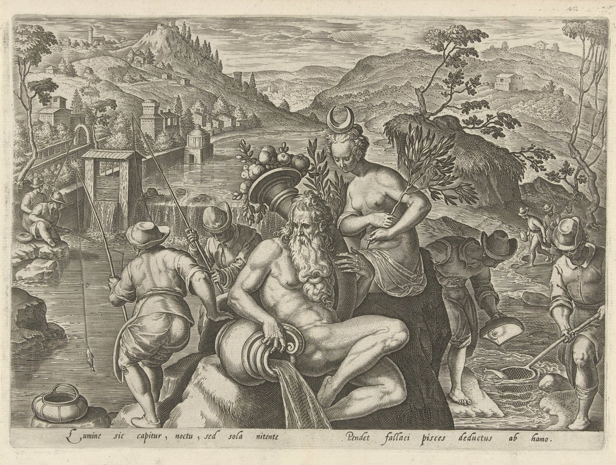 Pêche nocturne à la ligne (Jachttaferelen, In quibus omne genus venationis, aucupij, piscatusque) - Philips Galle